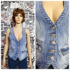 "womens denim Vest Vintage BLUE denim Top BLUE jeans Top jeans Vest cotton Top womens Vest waistcoats Retro Vest jeans Vest cotton Vest M 99%- Cotton; 1%-elastane height of the woman in the photo - 180 cm Please refer to photos for details of condition. Condition: good vintage Measurements: Length: 52 cm/20.5\" Bust: 94 cm/ 37\" Waist: 80 cm/31.5\" Tag Size: EUR-38 note The color on the pictures may vary due to monitor settings and light reflections. Ready to ship Please do not hesitate to conta Trendy Medium Wash Denim Vest, Fitted Washed Denim Vest, Medium Wash Denim Vest With Pockets, Fitted Light Wash Denim Vest, Light Wash Denim Vest Top, Fitted Denim Vest With Washed Detail, Medium Wash Denim Vest Top, Light Wash Denim Vest With Pockets, Trendy Washed Blue Vest