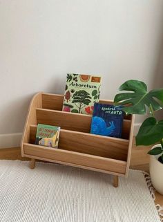 a wooden tray with books on it next to a potted plant