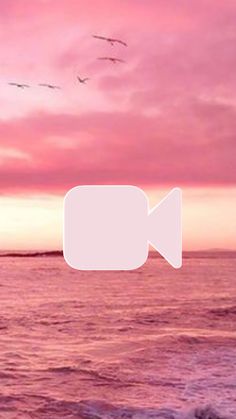 a pink sky over the ocean with birds flying in the air and an empty speech bubble