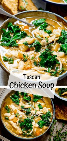 tuscann chicken soup with spinach and carrots in a bowl