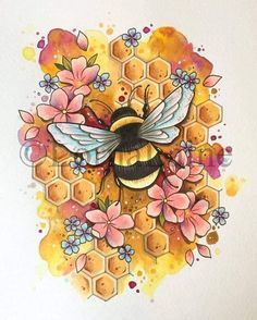 a drawing of a bee with flowers and honeycombs on it's back