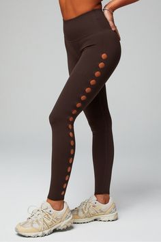 SculptKnit® High-Waisted Legging Fabletics Cacao female Activewear >> Womens >> Bottoms >> Leggings >> Full Length SculptKnit regular Breathable/Moisture-Wicking Brown Workout Bottoms For Fall, High-waisted Brown Workout Leggings, High Waist Brown Workout Leggings, High Waist Brown Leggings For Workout, Brown High Waist Workout Leggings, Brown Fall Yoga Leggings, Trendy Stretch Brown Leggings, Trendy Brown Stretch Leggings, Brown Stretch Activewear For Fall