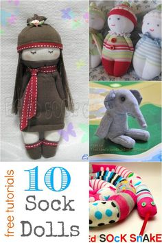 there are many stuffed animals and toys in this collage with the words 10 sock dolls