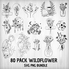 the 80 pack wildflower svg bundle includes flowers, plants and vases in black ink