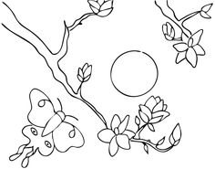 a black and white drawing of flowers on a branch