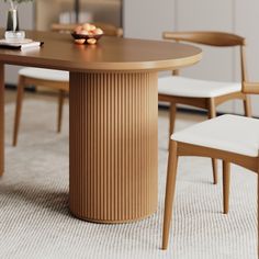 a wooden table with two chairs around it