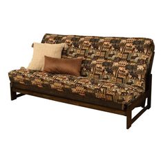 a futon couch with two pillows on it