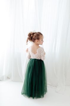 White Lace Flower Girl Dress Hunter Green Tulle Long Sleeve | Etsy Dark Green Velvet Dress With Lace, Purple Green Wedding Theme, Emerald Bridesmaid Dress, Indie Wedding Dress, Emerald Green Wedding Theme, Hunter Green Wedding, Green Flower Girl Dresses, Dark Green Wedding, Lace Flower Girl Dress