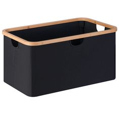 a black storage box with wooden handles and two bins on the sides, one is empty