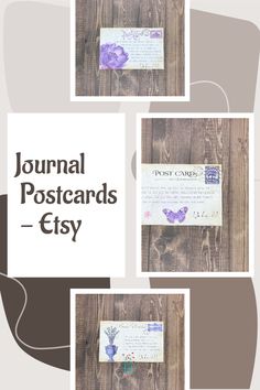 three postcards with the words journal postcards etsy on them and an image of a