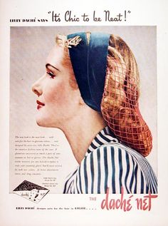 A tidy Lilly Dache snood Cabelo Pin Up, Retro Updo, French Beauty Secrets, Hair Snood, 50s Hairstyles, 1940s Hairstyles, Makeup Hacks Tutorials, Hair And Makeup Tips, Hair Nets