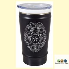 a black tumbler cup with an eagle emblem on the side and white lettering that says officer san diego