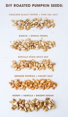 different types of pumpkin seeds are shown in this graphic above the words, diy roasted pumpkin seeds