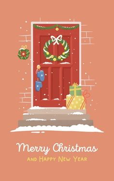 a red door with presents in front of it and the words merry christmas and happy new year