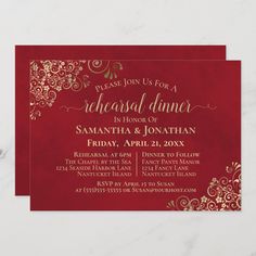 a red and gold wedding reception card with the words, please join for a special dinner