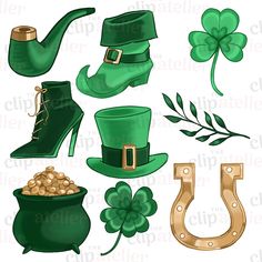 st patrick's day clipart set with green hats, boots and shamrocks