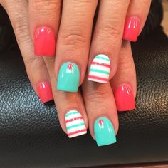 She's ready for Mexico 😄 #nailsbyjordan #shellacoveracrylic #stripes #acrylics #acrylicnails #gelpolish #coralnails #tealnails… Artsy Nails, Hand Nails, Teal Nails, Makeup Nails Designs, Cute Spring Nails, Polish Ideas, July Nails, Nail Idea, Diy Nail Designs