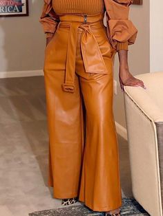 High Waisted Wide Leg Belted Solid Color Zipper Pants Trousers Pants With Belt, Straight Cut Pants, Belted Pants, Pantalon Large, Faux Leather Pants, Fashion Seasons, Wide Legs, High Waisted Trousers, Brown Fashion