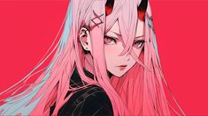 an anime character with long pink hair and horns on her head, staring at the camera