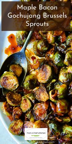 maple bacon and gourmet brussel sprouts in a white bowl