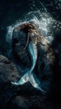 a mermaid is laying on the rocks in the water