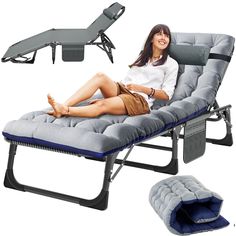 a woman laying on top of a chaise lounge chair next to a foot rest