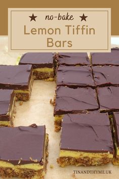 there are many bars that have chocolate frosting on them, and the words gluten - free lemon tiffin bars