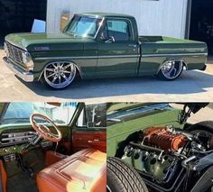 two pictures side by side of an old green truck and the same one with chrome rims