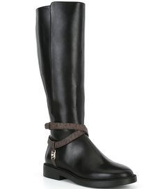 From Michael Kors&#x2C; the Abigail Leather Riding Boots feature:Vachetta leather upperSynthetic MK logo print ankle strap with MK logo hardwareInside zipper closureRubber outsoleApprox. 15.5" boot shaft heightApprox. 14.5" boot shaft circumferenceApprox. 0.50" heel heightImported. Mk Logo, Leather Riding Boots, Dillard's, Boot Shoes Women, Logo Print, Riding Boots, Ankle Strap, Bootie Boots, Black And Brown