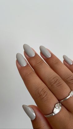 Spring One Color Nails, Light Grey Almond Nails, Stone Grey Nails, August Nails Almond, Light Blue Grey Nails, Light Gray Nails With Design, White Gray Nails, Almond Nails Gray, Light Gray Nail Ideas