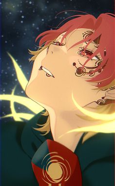 an anime character with red hair and blue eyes looking at the stars in the sky