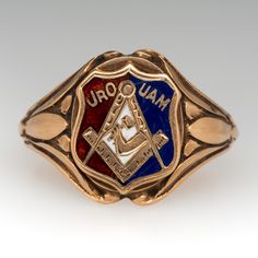 Vintage Mens Fraternal Ring "JRO UAM" Antique Enamel Rings As Collectibles, Antique Enamel Rings For Collectors, Antique Red 14k Gold Signet Ring, Antique Red Signet Ring In 14k Gold, Heirloom Enamel Engraved Rings, Vintage Yellow Gold Enamel Ring For Ceremonial Occasions, Vintage Engraved Enamel Ring, Antique Enamel Ring Collectible, Formal Engraved Enamel Signet Ring