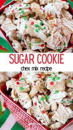 two pictures of sugar cookie mix in a red bowl