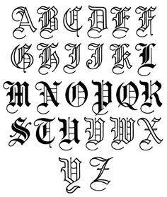 the upper and lower case of an old english alphabet, in black ink on white paper