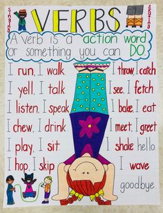 a poster with words written on it that say, verbs are a action word or something you can do