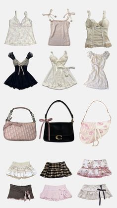 many different types of dresses and purses are shown in this image, including one for the