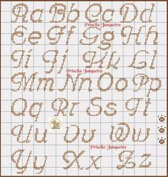 the cross stitch alphabet is shown in red and white, with brown trimmings