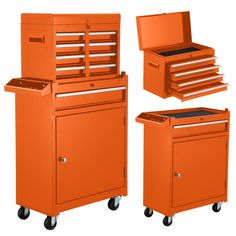 an orange toolbox with drawers and wheels on it's side, next to another one