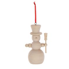 a wooden snowman ornament hanging from a red ribbon on a white background