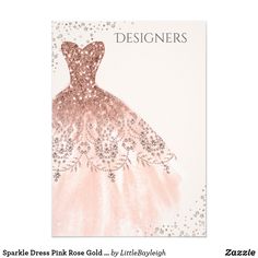 a card with an image of a dress in pink and silver glitters on it