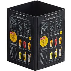 a black box with drinks on it and instructions for each drink in the package,