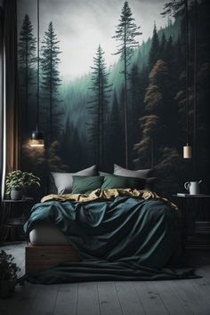 a bedroom with a forest mural on the wall and wooden flooring in front of it