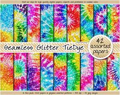 colorful tie dye papers with the words, seamless glitter texture paper's 42 assorted