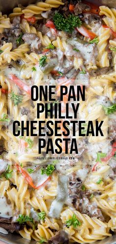 one pan phily cheesesteak pasta in a skillet