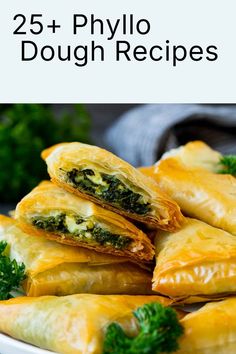 some food on a plate with broccoli and other items in the background text reads 25 + phylo dough recipes