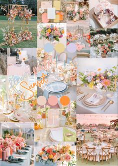 a collage of photos with different colors and flowers on them, including oranges, pink