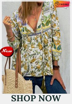 Ethnic Bohemian Floral Print Long Sleeve V-neck Women Blouse Top Patterned Printed V-neck Blouse, Multicolor V-neck Peasant Top For Fall, Fall Bohemian V-neck Blouse, Multicolor V-neck Peasant Top For Festival, Bohemian V-neck Blouse With Boho Print, Bohemian V-neck Top With Boho Print, Spring Folk Style V-neck Peasant Top, Summer Bohemian V-neck Blouse, Bohemian V-neck Printed Blouse