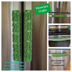 green crocheted kitchen towel hanging on the side of a refrigerator