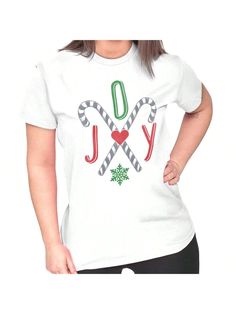 Christmas Womens Fitted Graphic Tee Shirt Cute Vintage Distressed Festive Xmas Season Winter Holiday Saying Joy Candy Cane Heart Snowflake Ladies Casual Slim Fit Fashion Cotton Printed Short Sleeve Crewneck Tshirt Brisco Brands White Casual   Fabric Christmas,Colorblock,Letter,Plants  Medium Stretch  Women Clothing, size features are:Bust: ,Length: ,Sleeve Length: White Graphic Tee For Holidays, White Letter Print Top For Holiday, White Letter Print Tops For Holiday, White Christmas Letter Print Tops, White Graphic Tee For Holiday, Holiday White Graphic Tee Top, White Holiday Graphic Tee, Holiday White Graphic Tee, Winter Short Sleeve Tops With Letter Print