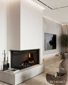 a living room with a fire place in it